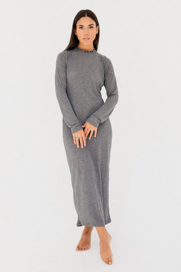 A gray dress with an OPEN BACK